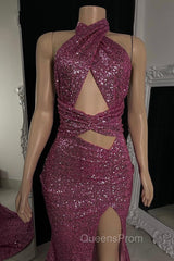 Gorgeous Halter Pink Evening Prom Dress Sequins Sleeveless Long With Split