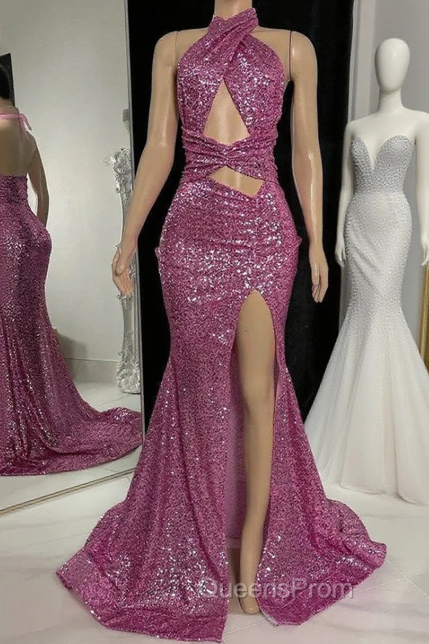 Gorgeous Halter Pink Evening Prom Dress Sequins Sleeveless Long With Split Main image