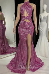 Gorgeous Halter Pink Evening Prom Dress Sequins Sleeveless Long With Split