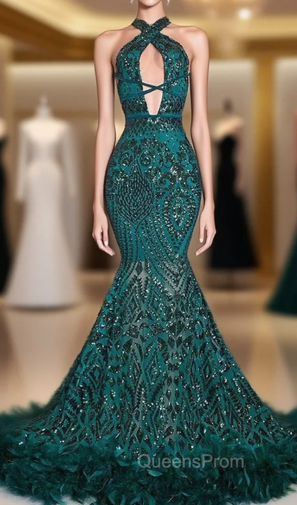 Gorgeous Halter Sleeveless Mermaid Evening Prom Dress Sequins Long With Feather Bottom Main image