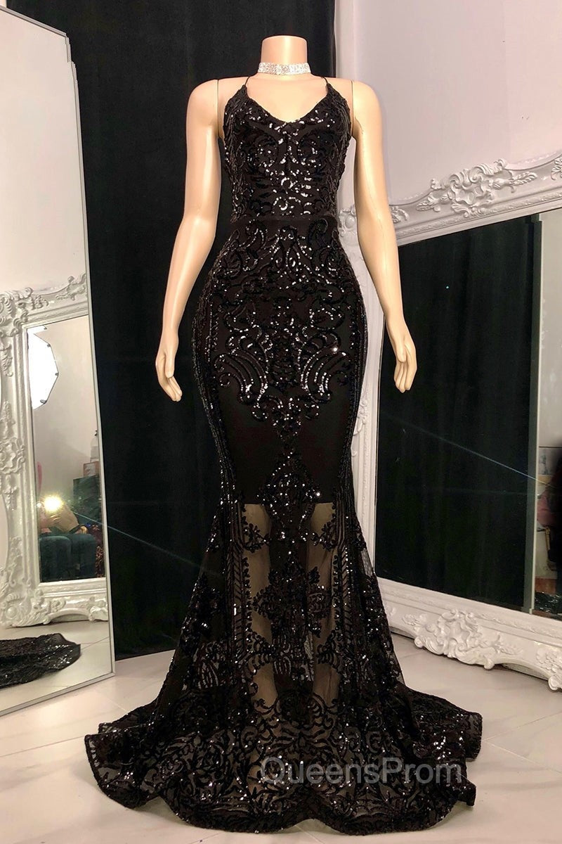 Gorgeous Halter V-Neck Sleeveless Mermaid Evening Prom Dress Sequins Long Secondary image