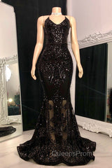 Gorgeous Halter V-Neck Sleeveless Mermaid Evening Prom Dress Sequins Long
