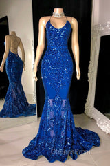 Gorgeous Halter V-Neck Sleeveless Mermaid Evening Prom Dress Sequins Long