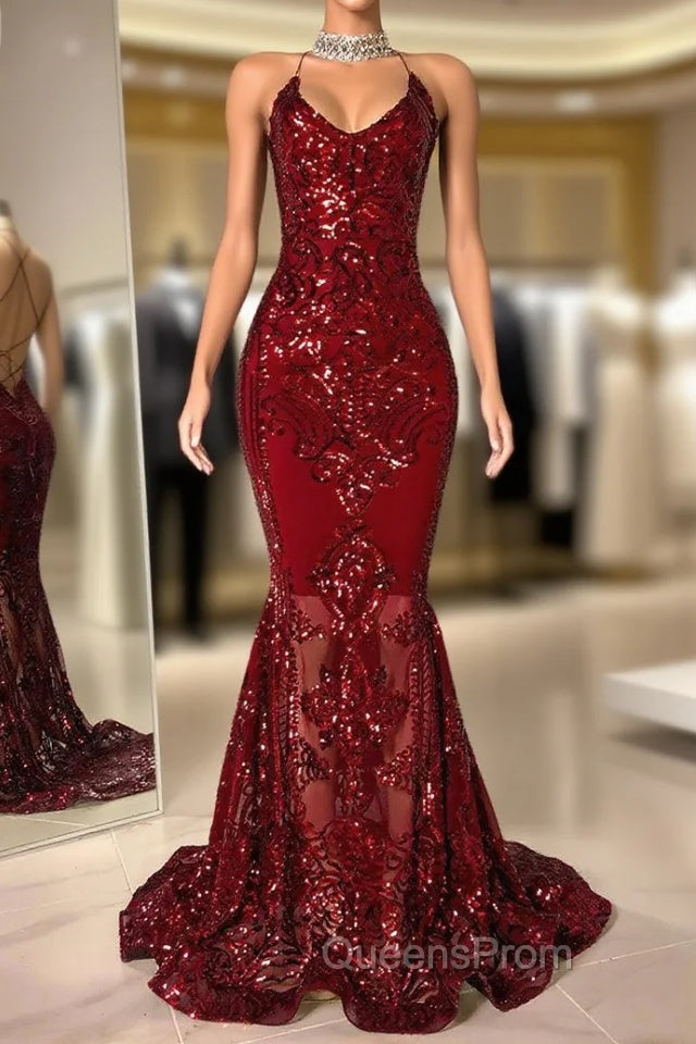 Gorgeous Halter V-Neck Sleeveless Mermaid Evening Prom Dress Sequins Long Main image