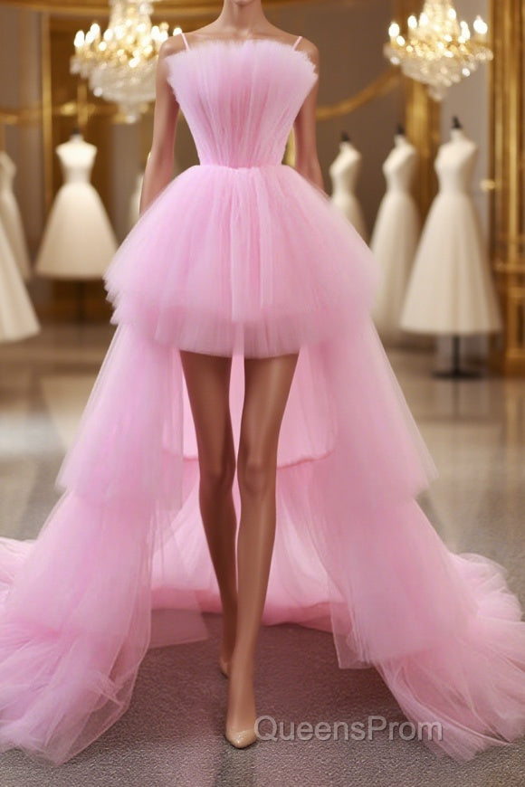Gorgeous High Low Pink Tulle Long Evening Prom Dress, Pink Tulle Formal Graduation Evening Dress Main image