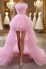Gorgeous High Low Pink Tulle Long Evening Prom Dress, Pink Tulle Formal Graduation Evening Dress