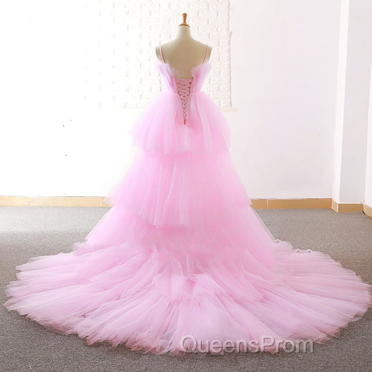 Gorgeous High Low Pink Tulle Long Evening Prom Dress, Pink Tulle Formal Graduation Evening Dress Secondary image