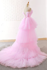 Gorgeous High Low Pink Tulle Long Evening Prom Dress, Pink Tulle Formal Graduation Evening Dress