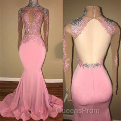 Gorgeous High-Neck Backless Pink Evening Prom Party GownsMermaid With Lace Appliques