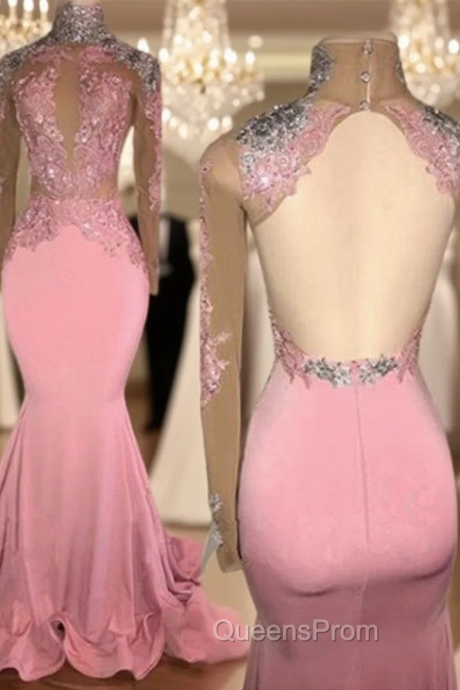 Gorgeous High-Neck Backless Pink Evening Prom Party GownsMermaid With Lace Appliques Main image