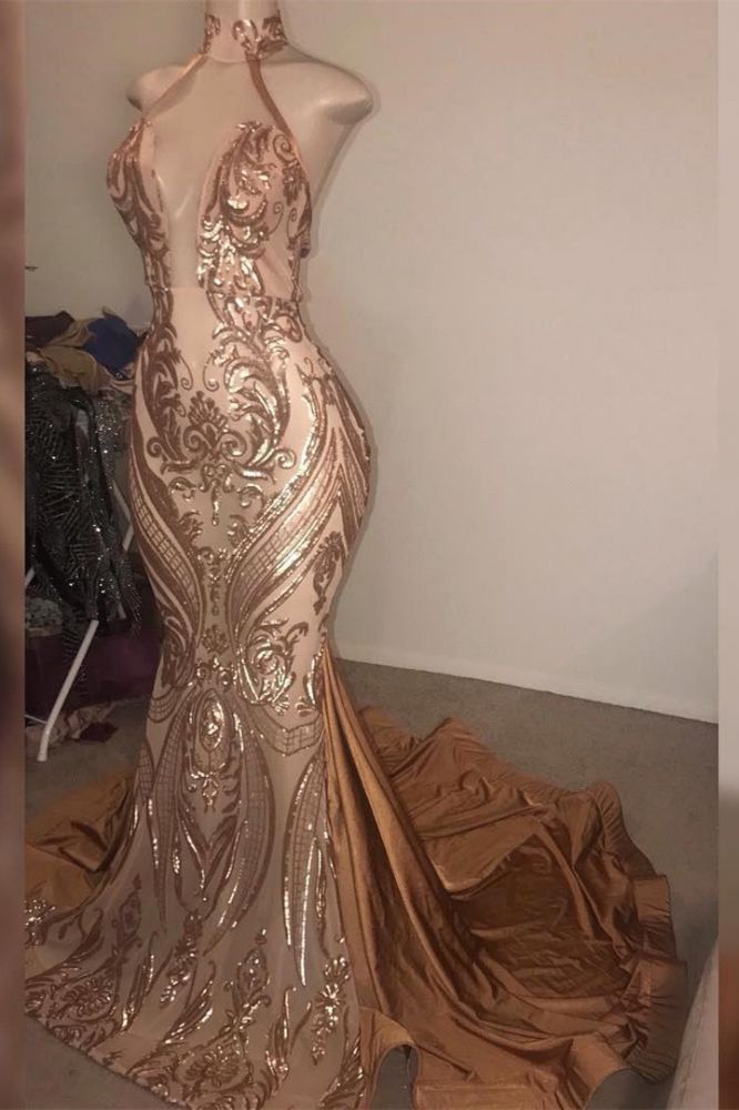 Gorgeous High Neck Golden Mermaid Long Prom Party GownsReal Model Series Main image