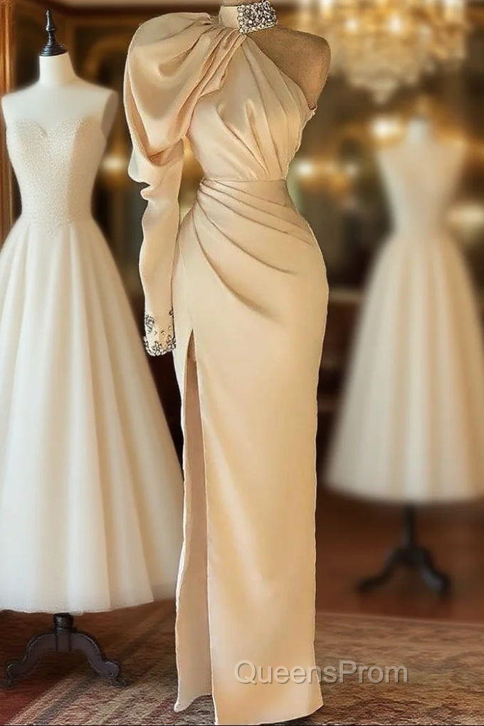 Gorgeous High Neck Long Sleeve Crystal Evening Prom Dress Mermaid With Split Main image