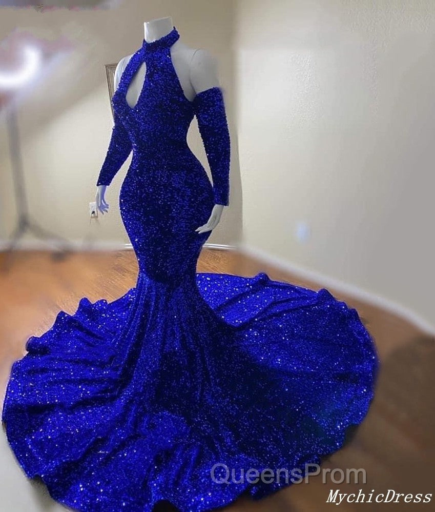 Gorgeous High Neck Long Sleeve Royal Blue Evening Prom Dress Sequins Party Dress Secondary image