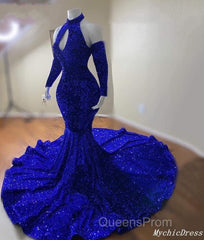 Gorgeous High Neck Long Sleeve Royal Blue Evening Prom Dress Sequins Party Dress