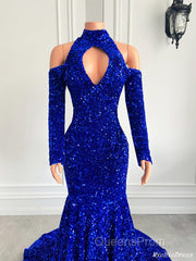 Gorgeous High Neck Long Sleeve Royal Blue Evening Prom Dress Sequins Party Dress