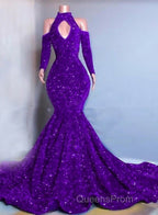 Gorgeous High Neck Long Sleeve Royal Blue Evening Prom Dress Sequins Party Dress