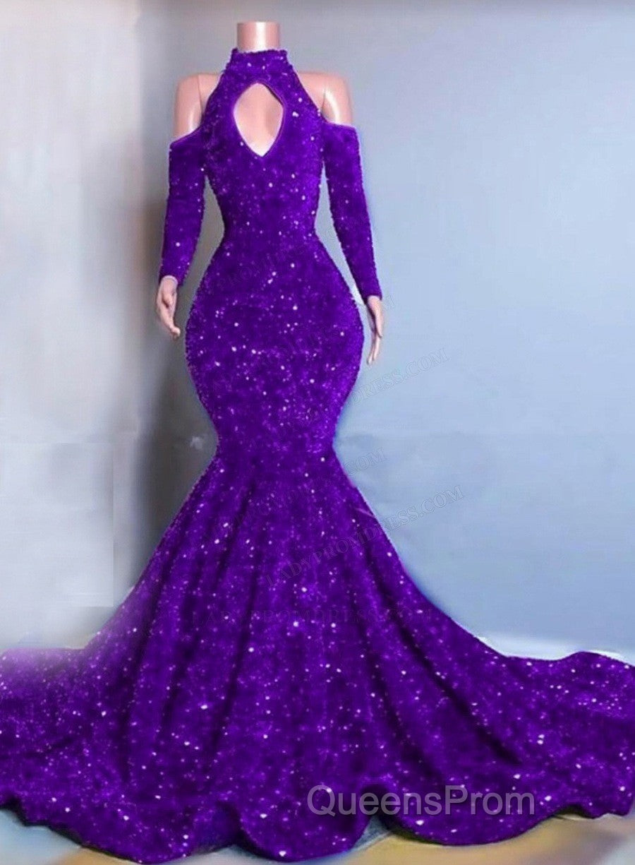 Gorgeous High Neck Long Sleeve Royal Blue Evening Prom Dress Sequins Party Dress