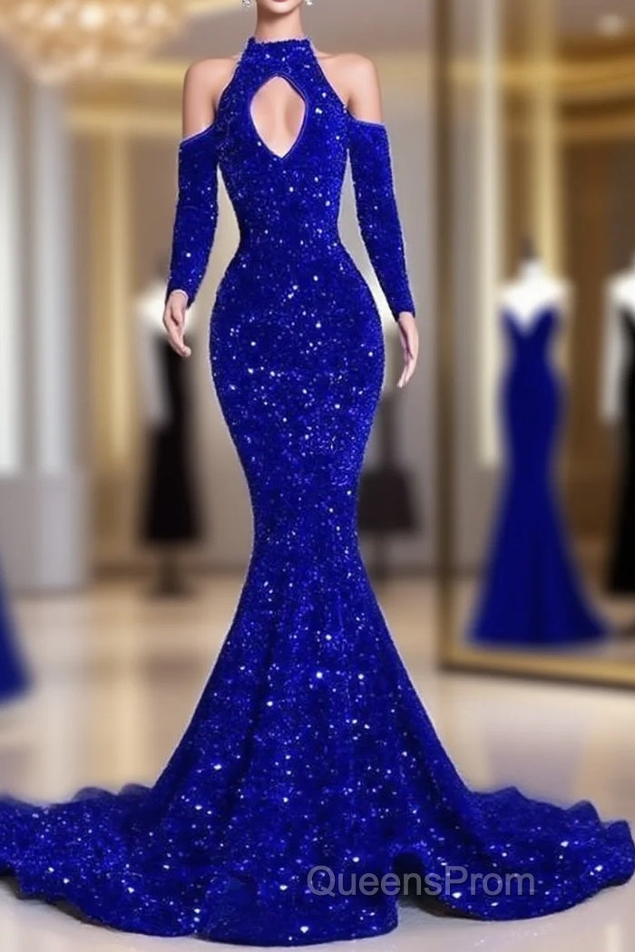 Gorgeous High Neck Long Sleeve Royal Blue Evening Prom Dress Sequins Party Dress Main image