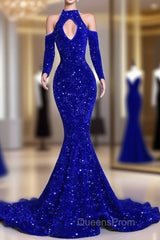 Gorgeous High Neck Long Sleeve Royal Blue Evening Prom Dress Sequins Party Dress