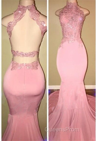 Gorgeous High Neck Pink Lace Evening Prom Party GownsMermaid Long Secondary image