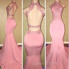 Gorgeous High Neck Pink Lace Evening Prom Party GownsMermaid Long