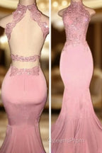Gorgeous High Neck Pink Lace Evening Prom Party GownsMermaid Long