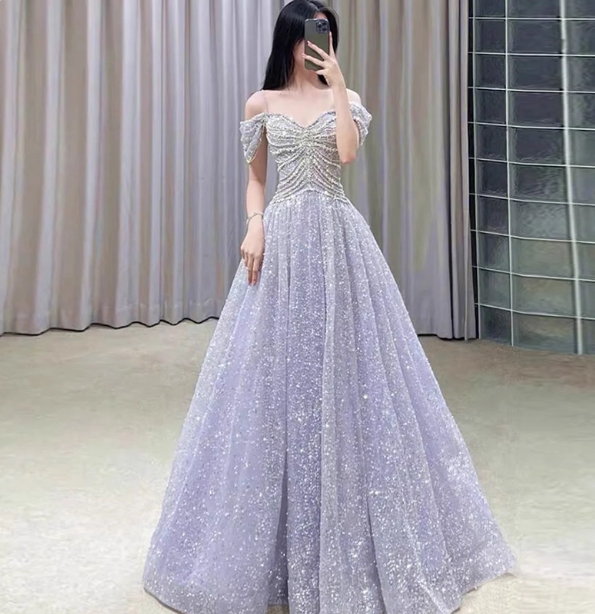 Gorgeous Lavender A-Line Off-The-Shoulder Rhinestone Embellished Sequined Sheer Tulle Long Classy Prom Dress Secondary image