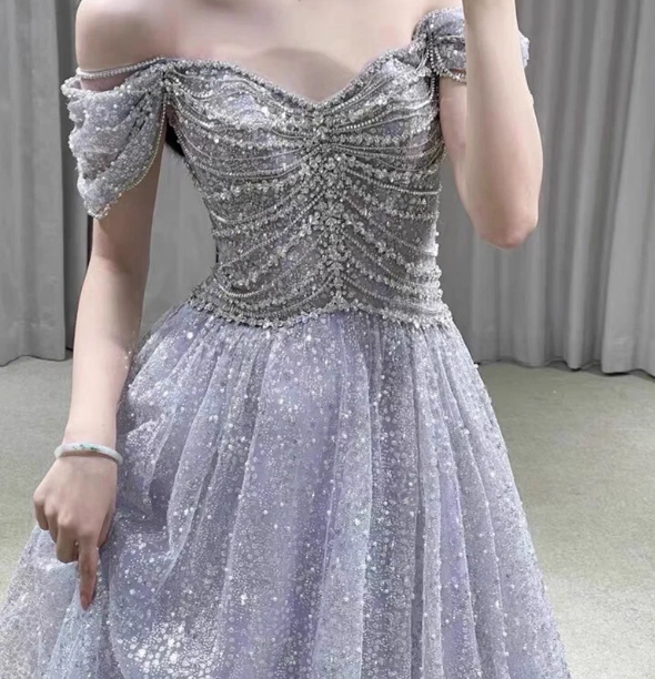 Gorgeous Lavender A-Line Off-The-Shoulder Rhinestone Embellished Sequined Sheer Tulle Long Classy Prom Dress