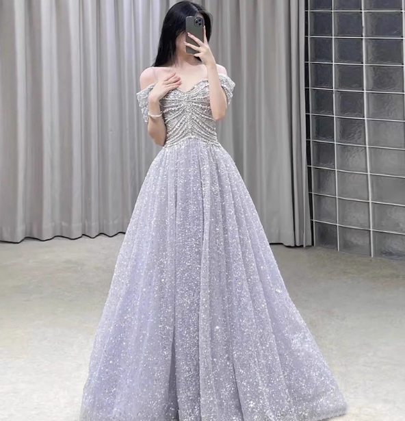 Gorgeous Lavender A-Line Off-The-Shoulder Rhinestone Embellished Sequined Sheer Tulle Long Classy Prom Dress Main image