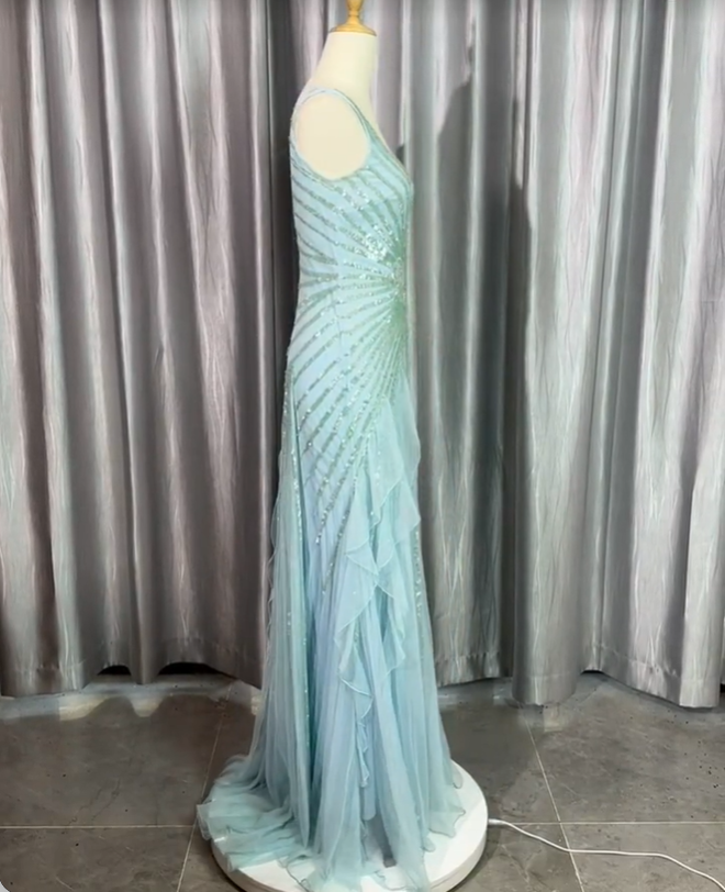 Gorgeous Light Blue V-Neck Ruffled Sequined Chiffon Long Classy Prom Dress