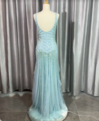 Gorgeous Light Blue V-Neck Ruffled Sequined Chiffon Long Classy Prom Dress