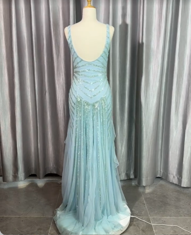 Gorgeous Light Blue V-Neck Ruffled Sequined Chiffon Long Classy Prom Dress