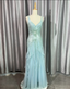 Gorgeous Light Blue V-Neck Ruffled Sequined Chiffon Long Classy Prom Dress
