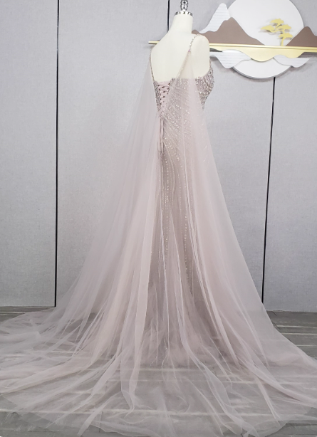 Gorgeous Light Lilac Spaghetti Strap Square Neck Rhinestone Tulle Train Classy Prom Dress Secondary image