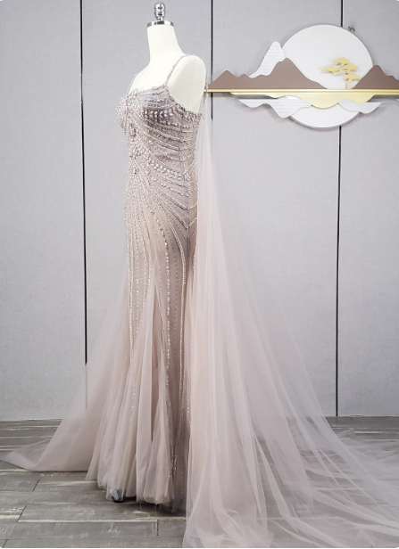 Gorgeous Light Lilac Spaghetti Strap Square Neck Rhinestone Tulle Train Classy Prom Dress