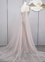 Gorgeous Light Lilac Spaghetti Strap Square Neck Rhinestone Tulle Train Classy Prom Dress