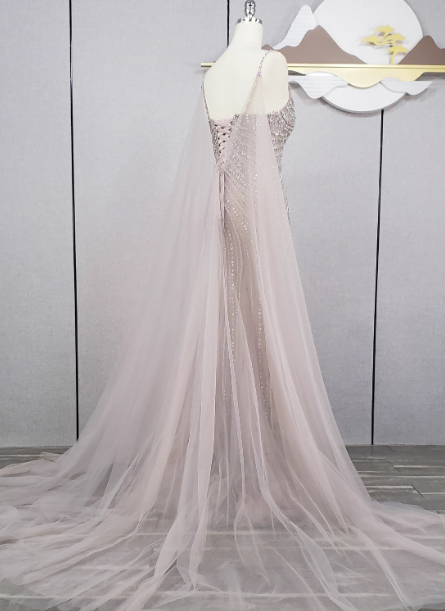 Gorgeous Light Lilac Spaghetti Strap Square Neck Rhinestone Tulle Train Classy Prom Dress