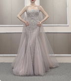 Gorgeous Light Lilac Spaghetti Strap Square Neck Rhinestone Tulle Train Classy Prom Dress