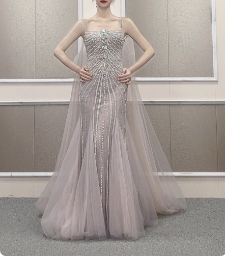 Gorgeous Light Lilac Spaghetti Strap Square Neck Rhinestone Tulle Train Classy Prom Dress