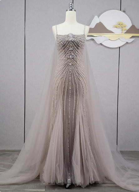 Gorgeous Light Lilac Spaghetti Strap Square Neck Rhinestone Tulle Train Classy Prom Dress Main image