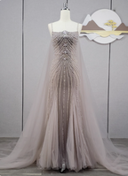 Gorgeous Light Lilac Spaghetti Strap Square Neck Rhinestone Tulle Train Classy Prom Dress