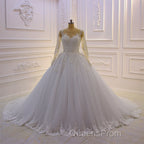 Gorgeous Long A-Line Bateau Pearl Tulle Appliques Lace Wedding Dress with Sleeves