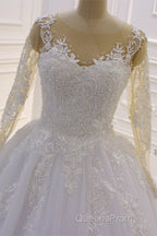 Gorgeous Long A-Line Bateau Pearl Tulle Appliques Lace Wedding Dress with Sleeves