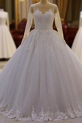Gorgeous Long A-Line Bateau Pearl Tulle Appliques Lace Wedding Dress with Sleeves