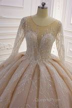 Gorgeous Long Ball Gown Bateau Crystal Wedding Dress with Sleeves
