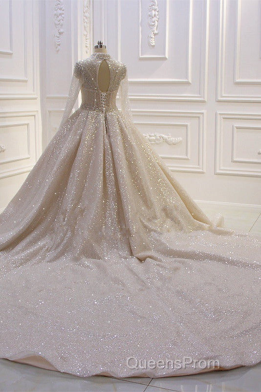 Gorgeous Long High neck Sequin Satin Ball Gown Wedding Dress with Sleeves Secondary image