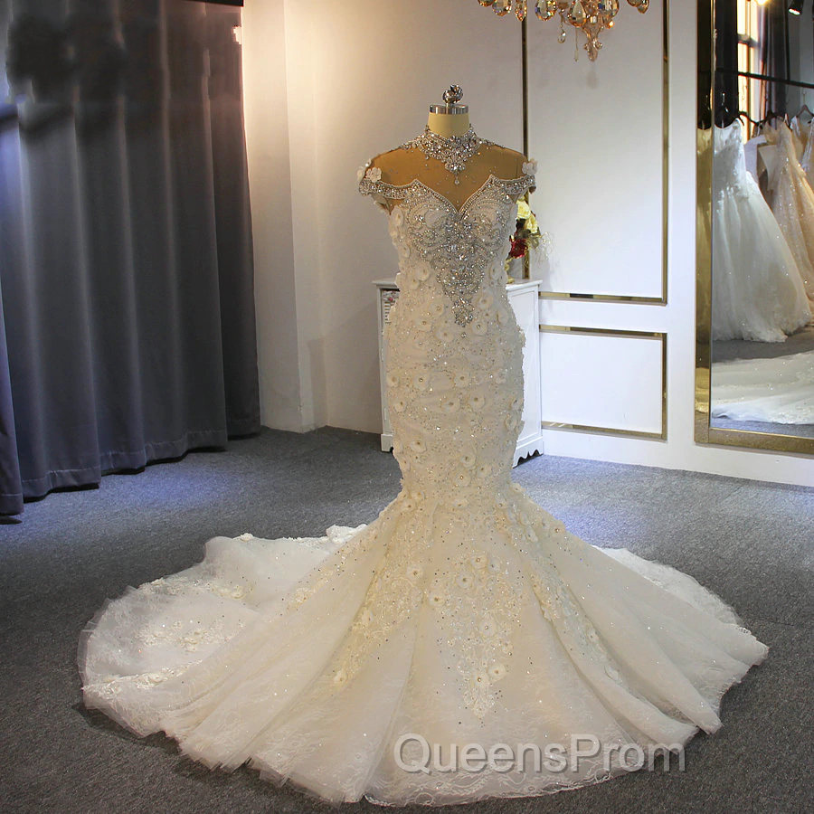 Gorgeous Long Mermaid High Neck Appliques Lace Crystal Tulle Wedding Dress Secondary image