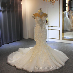 Gorgeous Long Mermaid High Neck Appliques Lace Crystal Tulle Wedding Dress