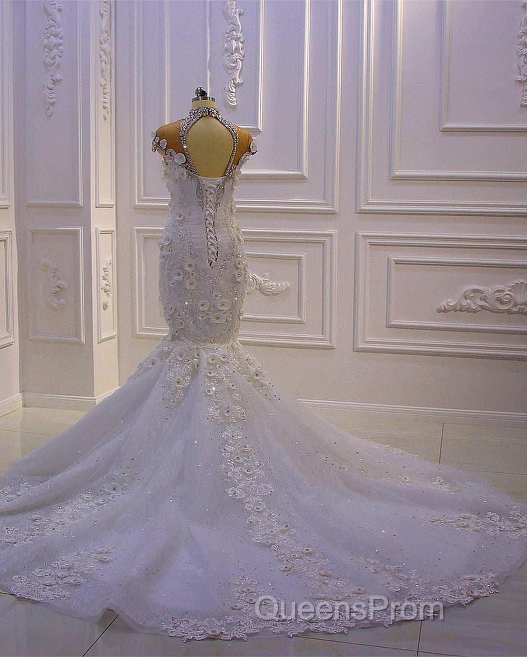 Gorgeous Long Mermaid High Neck Appliques Lace Crystal Tulle Wedding Dress