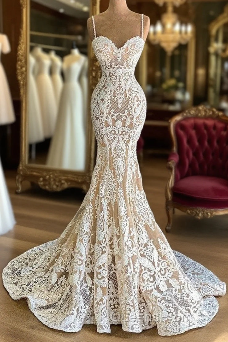 Gorgeous Long Mermaid Sweetheart Spaghetti-straps Lace Wedding Dress Main image